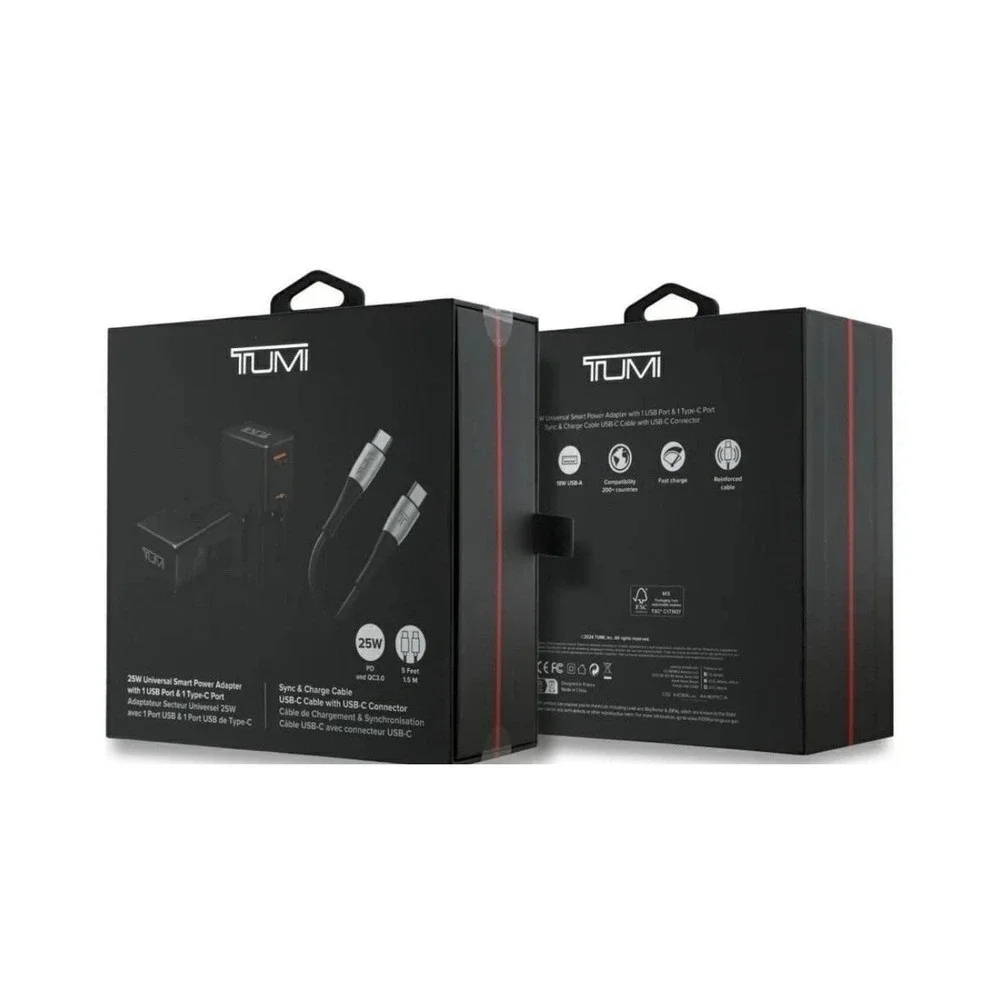 TUMI 25W Universal Smart Power Adapter with 1 USB Port & 1 Type-C Port (AB)